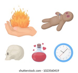 A voodoo doll, a magical fire, a love potion, a skull.Black and white magic set collection icons in cartoon style vector symbol stock illustration web.