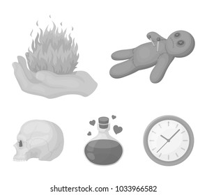 A voodoo doll, a magical fire, a love potion, a skull.Black and white magic set collection icons in monochrome style vector symbol stock illustration web.