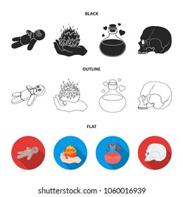 A voodoo doll, a magical fire, a love potion, a skull.Black and white magic set collection icons in black,flat,outline style vector symbol stock illustration web.
