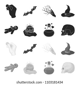 A voodoo doll, a magical fire, a love potion, a skull.Black and white magic set collection icons in black,monochrome style vector symbol stock illustration web.
