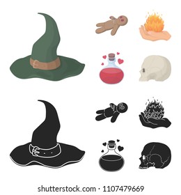 A voodoo doll, a magical fire, a love potion, a skull.Black and white magic set collection icons in cartoon,black style vector symbol stock illustration web.