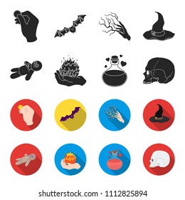 A voodoo doll, a magical fire, a love potion, a skull.Black and white magic set collection icons in black,flet style vector symbol stock illustration web.