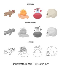 A voodoo doll, a magical fire, a love potion, a skull.Black and white magic set collection icons in cartoon,outline,monochrome style vector symbol stock illustration web.