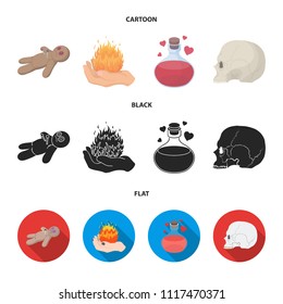 A voodoo doll, a magical fire, a love potion, a skull.Black and white magic set collection icons in cartoon,black,flat style vector symbol stock illustration web.