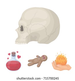 A voodoo doll, a magical fire, a love potion, a skull.Black and white magic set collection icons in cartoon style vector symbol stock illustration web.