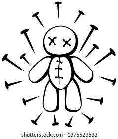 Voodoo doll with many pins stencil black, vector illustration, vertical, isolated