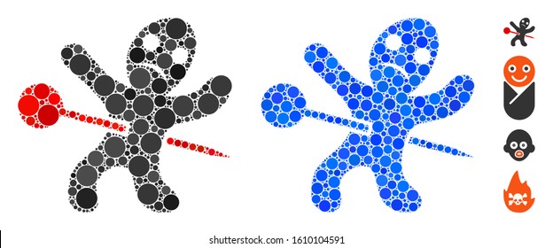 Voodoo doll mosaic of round dots in various sizes and color tints, based on voodoo doll icon. Vector round dots are composed into blue composition. Dotted voodoo doll icon in usual and blue versions.