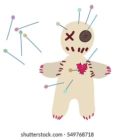 Voodoo doll pierced with pins in heart on isolated background