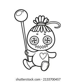 Voodoo doll with a pin sits on the surface outlined for coloring page on white background