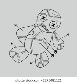 Voodoo doll with a pin sits on the surface outlined for coloring page on white
