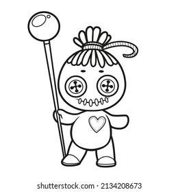 Voodoo doll with a pin stand on the surface outlined for coloring page on white background
