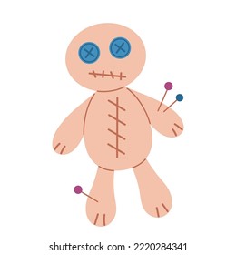 Voodoo-Puppe mit Pins. Rituelles Objekt für Hexerei, Zauberei und Zauberspruch oder Schaden für eine Person. handgezeichnet, farbige flache Vektorgrafik einzeln auf weißem Hintergrund.