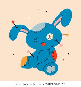 Voodoo doll rabbit. Rabbit with pin, stitches, patches. Cartoon style cute character. Hand drawn Vector illustration. Isolated design element. Rag, textile toy. Icon, print template