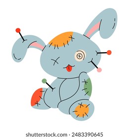 Voodoo doll rabbit. Rabbit with pin, stitches, patches. Cartoon style cute character. Hand drawn Vector illustration. Isolated design element. Rag, textile toy. Icon, print template