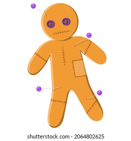 A voodoo doll. Scary mystical doll for human control. Voodoo magic with needles. Vector illustration isolate in cartoon style. A toy pierced with needles, the curse of a man.