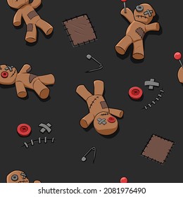 Voodoo Doll Seamless Pattern - Dark Gray Background