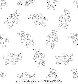 A voodoo doll seamless pattern line. Scary mystical doll for human control. Voodoo magic with needles. Vector illustration isolate in cartoon style. A toy pierced with needles, the curse of a man.