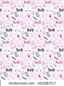 Voodoo doll seamless pattern in pink and black colors 