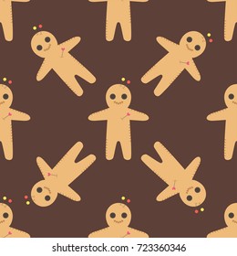 Voodoo doll seamless pattern punishment spirituality anger magic toy halloween needle witchcraft horror vector illustration.