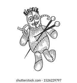 Voodoo doll sketch engraving vector illustration. T-shirt apparel print design. Scratch board style imitation. Black and white hand drawn image.