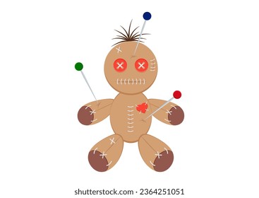 Voodoo doll with stitches and needles vector illustration isolated on white background