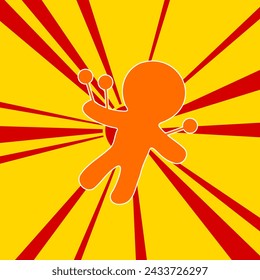 Voodoo Doll symbol on a background of red flash explosion radial lines. The large orange symbol is located in the center of the sun, symbolizing the sunrise. Vector illustration on yellow background