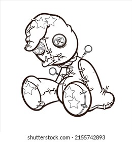 Voodoo doll teddy bear coloring page  Voodoo vector illustration  Rag voodoo Halloween cursed doll coloring page for adults   kids  horror  t shirt designs 