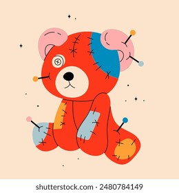 Voodoo doll Teddy bear. Bear with pin, stitches, patches. Cartoon style cute character. Hand drawn Vector illustration. Isolated design element. Rag, textile toy. Icon, print template