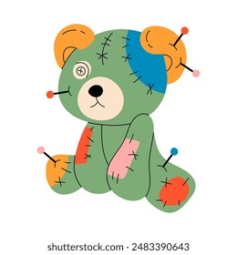 Voodoo doll Teddy bear. Bear with pin, stitches, patches. Cartoon style cute character. Hand drawn Vector illustration. Isolated design element. Rag, textile toy. Icon, print template