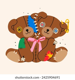 Muñeca vudú Oso de peluche. Oso de dos cabezas con alfiler, puntos, parches. Caricatura estilo lindo personaje. Dibujado a mano ilustración vectorial. Elemento de diseño aislado. Trapo, juguete textil. Icono, plantilla de impresión