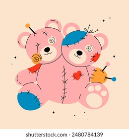 Voodoo doll Teddy bear. Two headed bear with pin, stitches, patches. Cartoon style cute character. Hand drawn Vector illustration. Isolated design element. Rag, textile toy. Icon, print template