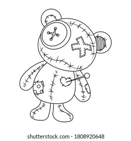 Voodoo doll teddy bear vector illustration isolated on white background. Rag voodoo bear doll vector cartoon. Halloween cursed doll coloring page.
