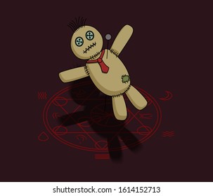 Voodoo doll with tie on the neck pierced with pin lying on red magic circle. Vector cartoon illlustration.