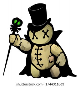 Voodoo doll top hat conjurer cartoon character, color vector illustration, horizontal, isolated
