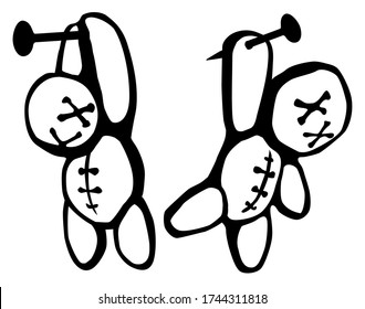 Voodoo doll two hanging stencil black, vector illustration, horizontal, isolated
