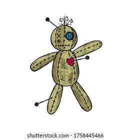 Muñeca vudú. Ilustración de dibujos animados. Objeto aislado sobre un fondo blanco. Estilo dibujado a mano.