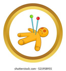 Voodoo doll vector icon in golden circle, cartoon style isolated on white background