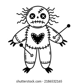 Voodoo doll vector icon. Sad fabric toy. Ritual magical symbol. Black outline, simple sketch isolated on white. Doll with a heart, a body with stuck needles. Clipart for web, logo, apps,esoteric sites