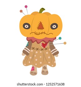 Voodoo doll vector illustration isolated on white background. Pastel voodoo doll with needles. Pumpkin voodoo doll with needles.