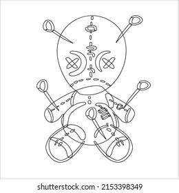 Voodoo doll  vector illustration isolated on white background. Rag voodoo bear doll vector cartoon. Halloween cursed doll coloring page.