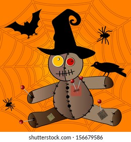 Voodoo doll in witches hat Halloween concept 