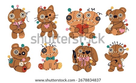 Voodoo dolls. Patchwork scary toys, stitch punk style, halloween raggedy bears, fabric handmade bunny, weird cats and spooky siamese twins, cartoon flat style isolated illustration, garish vector set