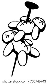 Voodoo dolls pinned stencil black, vector illustration, vertical, isolated