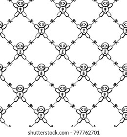 Voodoo dolls tied together restricted movement net, seamless texture pattern, vector illustration, square, over white