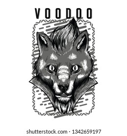Voodoo Fox Black and White Illustration