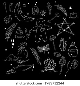 magia vudú, brujería. Dibujo manual con tinta. Un conjunto de elementos mágicos: muñeca, cristales, huesos, alfileres, estrellas