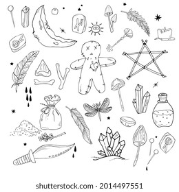 voodoo magic, witchcraft. Hand drawing in ink. A set of magic elements: doll, crystals, bones, pins, moon, stars