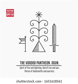 The Voodoo Pantheon. Ogun. Spirit of fire and lightning. God of iron and war. Patron of blacksmiths and warriors. Sacred geometry. For graphic design, tattoo, logo, prints.