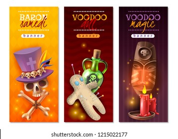 Voodoo religious occult practices with doll colorful pins love hate revenge messages 3 vertical banners vector illustration 