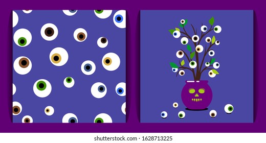 voodoo set with human eyes. seamless pattern. pot of voodoo plant with human eyeballs and leaves on a lilac background. concept of magic, mysticism and voodoo. for fabric, cards, prints, wallpapers